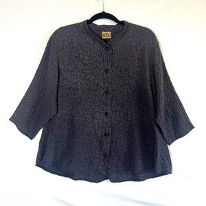 URU Silk Jacquard Button Up Shirt Blue Womens Sz M Lagenlook Quiet Luxury USA